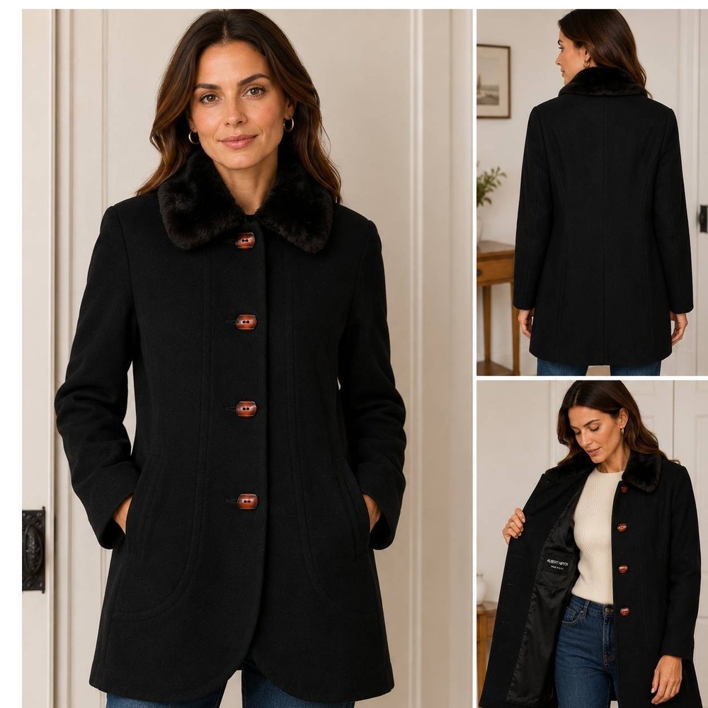 80s Albert Nippon Made in USA Black Wool 4-Button Coat Faux Fur Collar Womens M